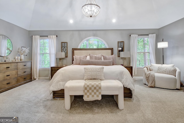 bedroom with carpet flooring, vaulted ceiling, a chandelier, baseboards, and recessed lighting