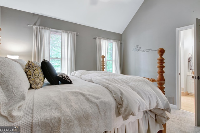 bedroom featuring lofted ceiling, multiple windows, light carpet, and ensuite bathroom