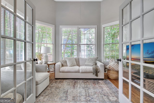 sunroom with healthy amount of natural light, wood finished floors, and a high ceiling