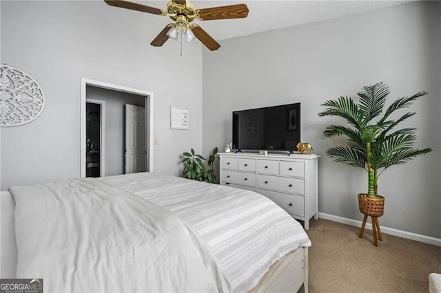 508 Vinings Forest Ct SE, Smyrna, GA 30080 - bedroom featuring light carpet, baseboards, high vaulted ceiling, and a ceiling fan
