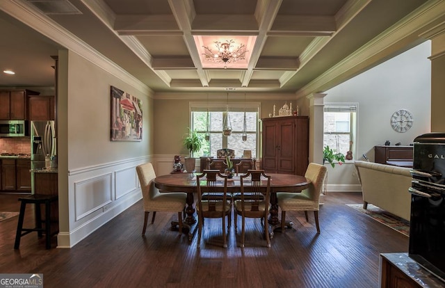 dining area featuring dark wood finished floors, beam ceiling, a wainscoted wall, coffered ceiling, and crown molding