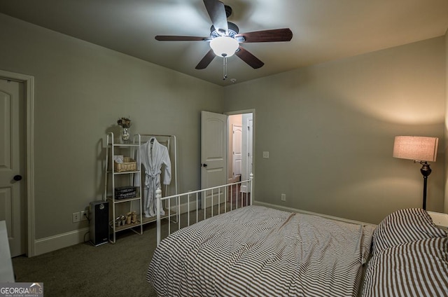 bedroom featuring carpet flooring, baseboards, and ceiling fan