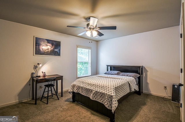 bedroom featuring carpet, baseboards, and a ceiling fan