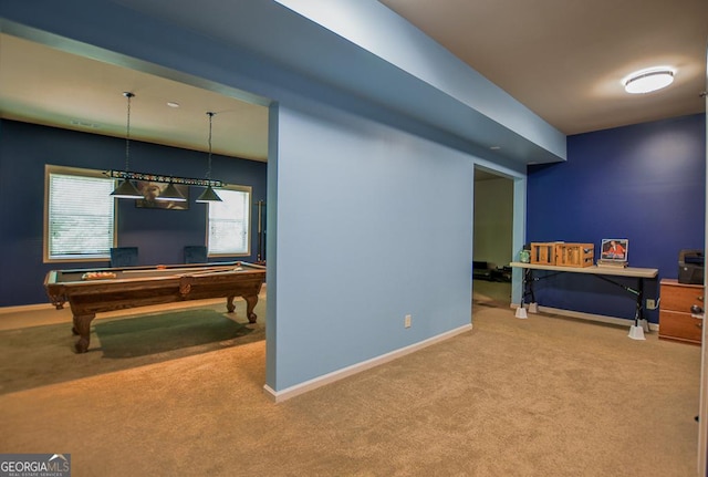 playroom featuring carpet, pool table, and baseboards