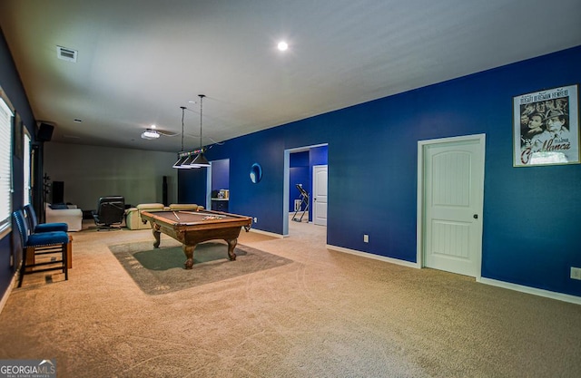 game room featuring carpet flooring, pool table, and baseboards
