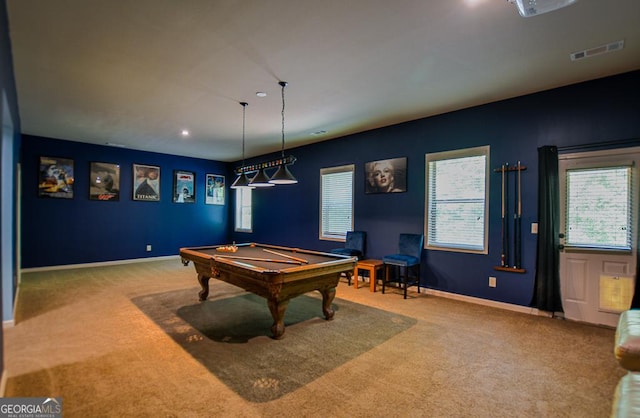 playroom with carpet floors, billiards, baseboards, and recessed lighting