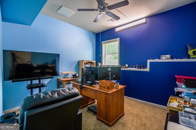 office area featuring ceiling fan and carpet