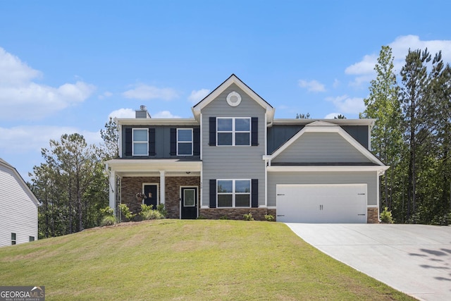 458 Ajo Way, Dallas, GA 30157 - view of front of home with stone siding, concrete driveway, an attached garage, a front lawn, and a chimney