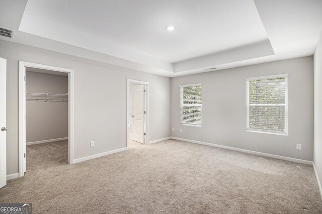 458 Ajo Way, Dallas, GA 30157 - unfurnished bedroom featuring a tray ceiling, carpet, a walk in closet, recessed lighting, and a closet