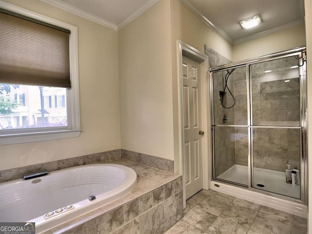 full bathroom with a bath, a stall shower, crown molding, and tile patterned flooring