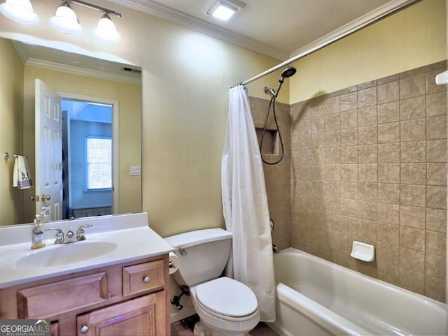 full bathroom with crown molding, toilet, shower / bath combination with curtain, and vanity