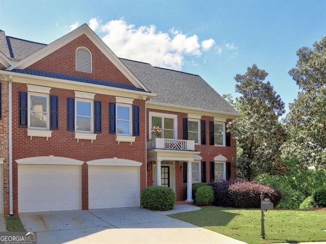 georgian-style home featuring concrete driveway, an attached garage, brick siding, a shingled roof, and a front yard