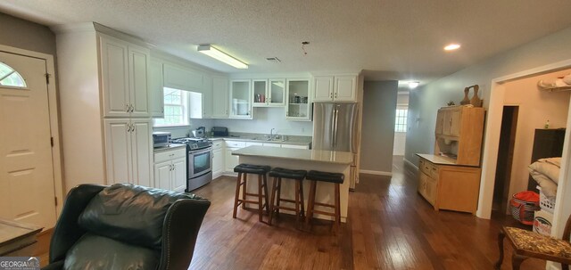 762 Old Mcleod Bridge Rd, Adrian, GA 31002 - kitchen with stainless steel appliances, dark wood finished floors, glass insert cabinets, a kitchen bar, and recessed lighting
