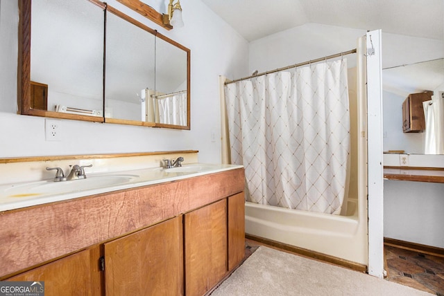 1795 Hutcheson Ferry Rd, Whitesburg, GA 30185 - full bathroom featuring double vanity, shower / bath combination with curtain, and vaulted ceiling