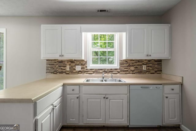 175 Hearth Way, Fairburn, GA 30213 - kitchen featuring dishwasher, a sink, backsplash, and white cabinets
