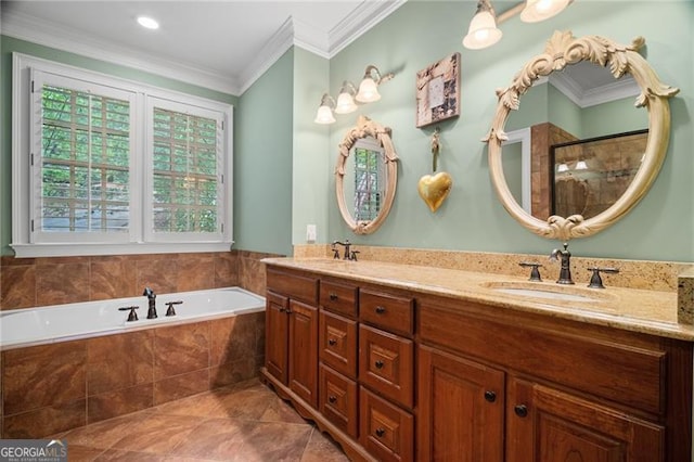 15 Sconti Knoll Dr, Jasper, GA 30143 - full bath featuring a garden tub, ornamental molding, double vanity, and tile patterned flooring
