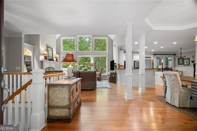 15 Sconti Knoll Dr, Jasper, GA 30143 - living area featuring ornate columns, a fireplace, crown molding, and light wood-type flooring