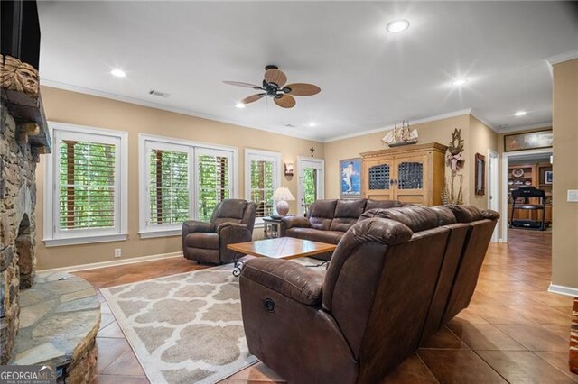 15 Sconti Knoll Dr, Jasper, GA 30143 - tiled living area with a ceiling fan, ornamental molding, plenty of natural light, baseboards, and recessed lighting