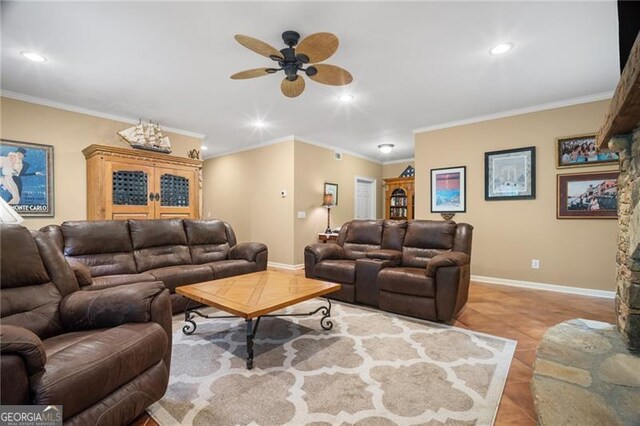 15 Sconti Knoll Dr, Jasper, GA 30143 - living area featuring crown molding, ceiling fan, baseboards, recessed lighting, and light tile patterned flooring