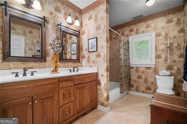 15 Sconti Knoll Dr, Jasper, GA 30143 - bathroom with tile patterned flooring, wallpapered walls, toilet, double vanity, and shower / bath combo