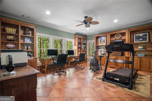 15 Sconti Knoll Dr, Jasper, GA 30143 - office area featuring ornamental molding, plenty of natural light, a ceiling fan, light tile patterned floors, and recessed lighting