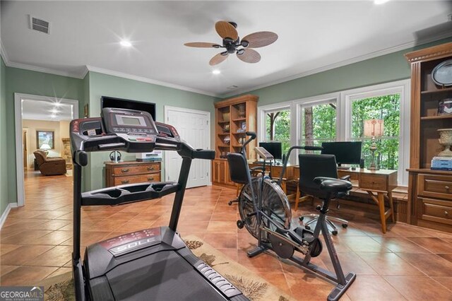 15 Sconti Knoll Dr, Jasper, GA 30143 - exercise room with tile patterned floors, a ceiling fan, crown molding, and recessed lighting