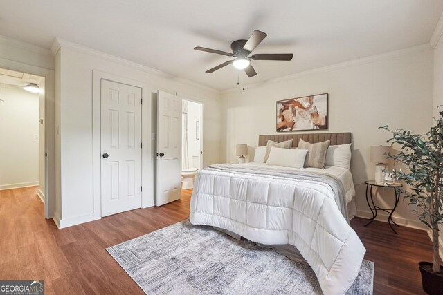 3708 Canadian Way, Tucker, GA 30084 - bedroom with wood finished floors, crown molding, baseboards, ensuite bath, and a ceiling fan