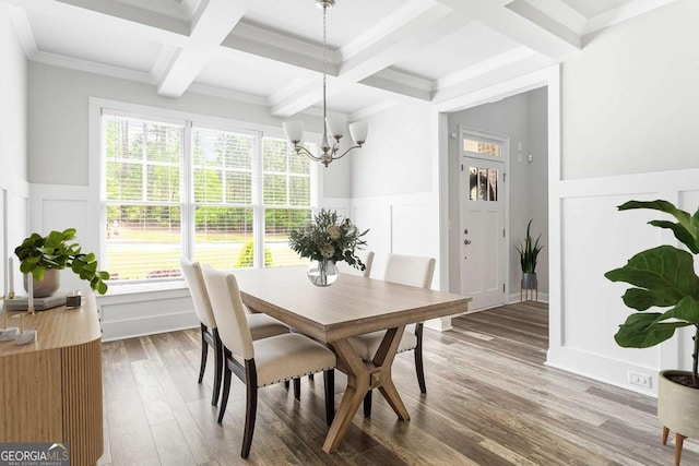 dining space featuring a decorative wall, coffered ceiling, a chandelier, wainscoting, and beamed ceiling