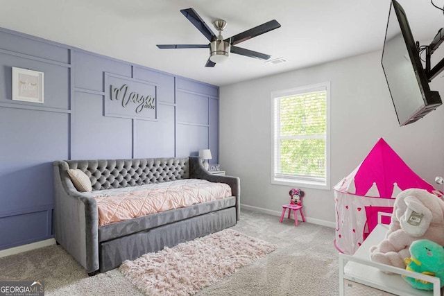 bedroom featuring carpet flooring, baseboards, and ceiling fan