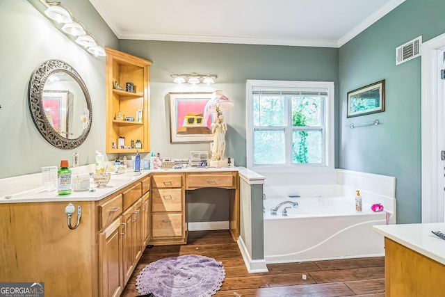 full bath with wood finished floors, vanity, crown molding, and a bath