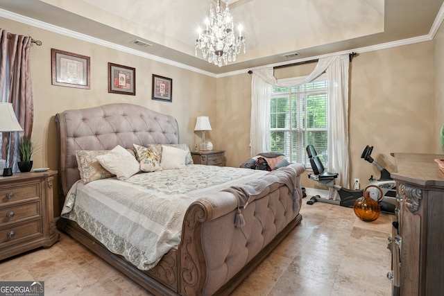 132 Eagles Club Dr, Stockbridge, GA 30281 - bedroom featuring crown molding, a raised ceiling, a chandelier, and light stone finish floors