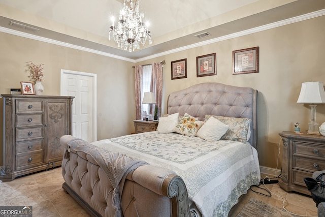 132 Eagles Club Dr, Stockbridge, GA 30281 - bedroom featuring crown molding, light tile patterned floors, a chandelier, and a tray ceiling