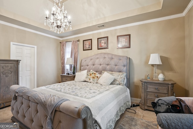 132 Eagles Club Dr, Stockbridge, GA 30281 - bedroom featuring a tray ceiling, crown molding, and a chandelier