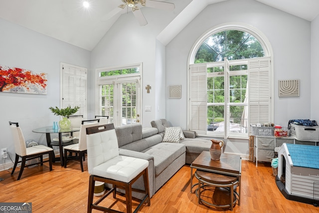132 Eagles Club Dr, Stockbridge, GA 30281 - living room featuring high vaulted ceiling, light wood-style flooring, and ceiling fan
