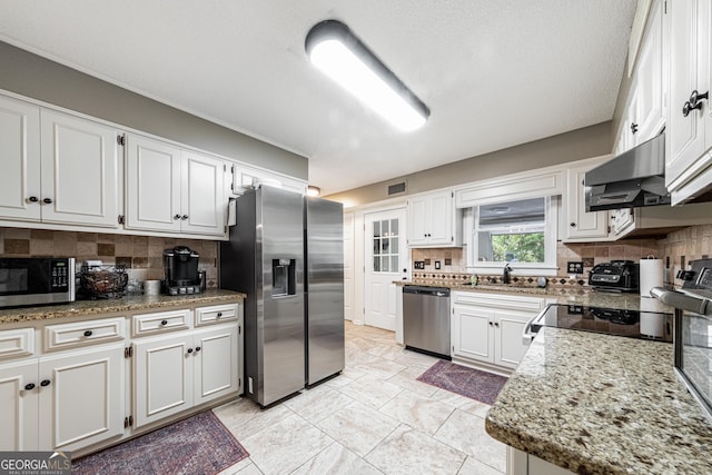kitchen with appliances with stainless steel finishes, ventilation hood, tasteful backsplash, white cabinets, and a sink