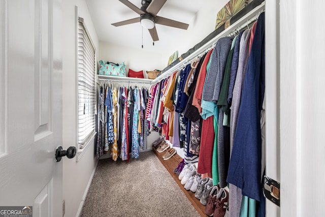 walk in closet featuring a ceiling fan