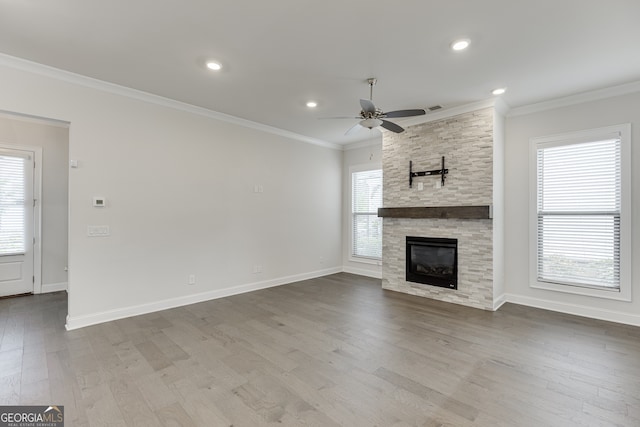 1023 Harvest Park Ln, Suwanee, GA 30024 - unfurnished living room with a ceiling fan, baseboards, dark wood-style flooring, crown molding, and recessed lighting