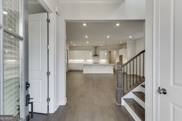 1023 Harvest Park Ln, Suwanee, GA 30024 - foyer entrance featuring dark wood-type flooring, stairs, and recessed lighting
