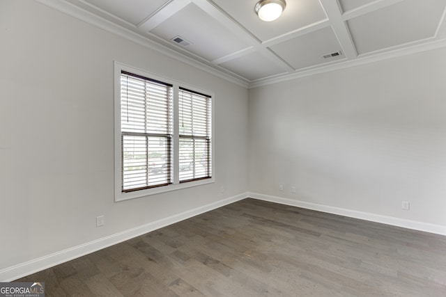 1023 Harvest Park Ln, Suwanee, GA 30024 - unfurnished room with coffered ceiling, baseboards, dark wood-style floors, beam ceiling, and crown molding