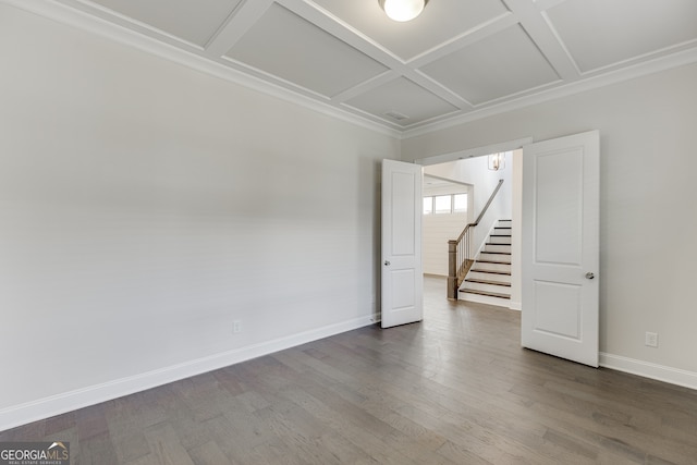 1023 Harvest Park Ln, Suwanee, GA 30024 - spare room featuring coffered ceiling, baseboards, wood finished floors, stairway, and beamed ceiling