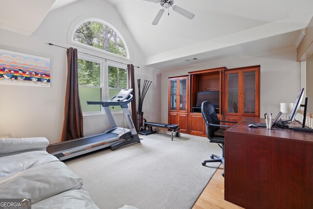 office with high vaulted ceiling, a ceiling fan, and light wood-type flooring