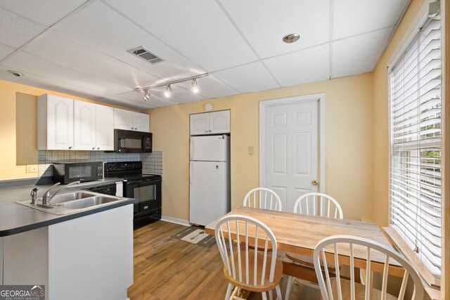 kitchen with black appliances, healthy amount of natural light, a sink, and white cabinets