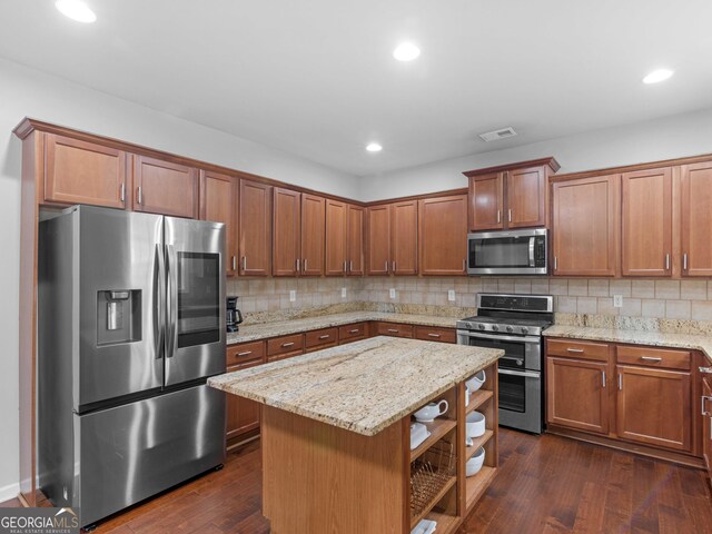 kitchen with stainless steel appliances, open shelves, decorative backsplash, dark wood-type flooring, and recessed lighting