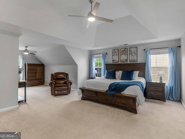 973 Buckhorn Bnd, Locust Grove, GA 30248 - carpeted bedroom with vaulted ceiling, a ceiling fan, and baseboards