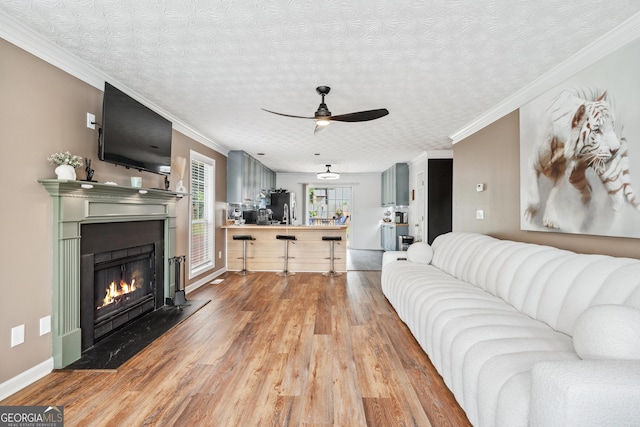 2349 June Springs Dr SW, Marietta, GA 30008 - living area with light wood-style floors, a ceiling fan, a warm lit fireplace, baseboards, and ornamental molding