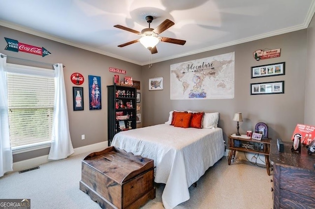 7511 Biltmore Ln, Douglasville, GA 30135 - bedroom featuring crown molding, light colored carpet, baseboards, and ceiling fan