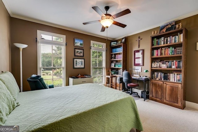 7511 Biltmore Ln, Douglasville, GA 30135 - bedroom featuring ornamental molding, a desk, multiple windows, carpet floors, and a ceiling fan