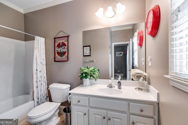 7511 Biltmore Ln, Douglasville, GA 30135 - full bath with toilet, vanity, ornamental molding, shower / tub combo with curtain, and a chandelier