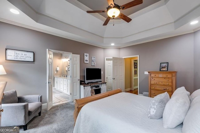 7511 Biltmore Ln, Douglasville, GA 30135 - carpeted bedroom with recessed lighting, a raised ceiling, baseboards, ensuite bathroom, and ornamental molding