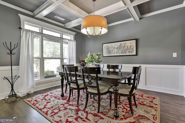 dining area featuring coffered ceiling, a wainscoted wall, dark wood finished floors, beamed ceiling, and ornamental molding